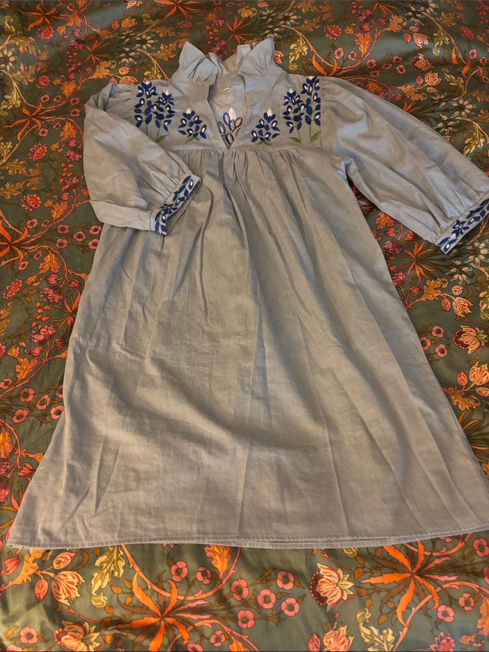 Women's Light Blue Embroidered Cotton Dress with bluebonnets